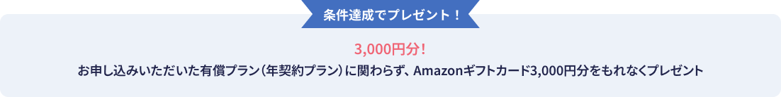 条件達成でプレゼント! 3,000円分!お申し込みいただいた有償プラン(年契約プラン)に関わらず、 Amazonギフトカード3,000円分をもれなくプレゼント