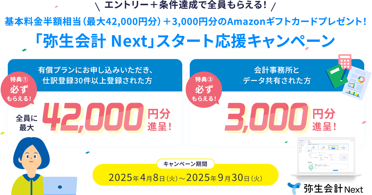 エントリー＋条件達成で全員もらえる！ 基本料金半額相当（最大42,000円分）＋3,000円分のAmazonギフトカードプレゼント！ 「弥生会計 Next」スタート応援キャンペーン 有償プランにお申し込みいただき、仕訳登録30件以上登録された方 特典① 必ずもらえる！ 全員に最大42,000円分進呈！ 会計事務所とデータ共有された方 特典② 必ずもらえる！ 3,000円分進呈！ キャンペーン期間 2025年4月8日（火）～2025年9月30日（火）