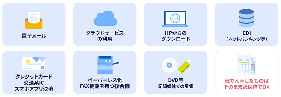 電子メール クラウドサービスの利用 HPからのダウンロード EDI(ネットバンキング等) クレジットカード 交通系IC スマホアプリ決済 ペーパーレス化FAX機能を持つ複合機 DVD等記憶媒体での受領 (紙で保存したものはそのまま紙保存でOK)