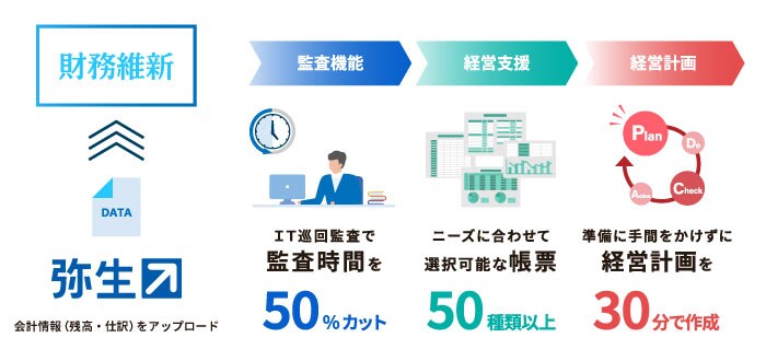 弥生 DATA 会計情報(残高・仕駅)をアップロード 財務維新 監査機能 IT巡回監査で監査時間を50%カット 経営支援 二ーズに合わせて 選択可能な帳票 50種類以上 経営計画 準備に手間をかけすに経営計画を30分で作成